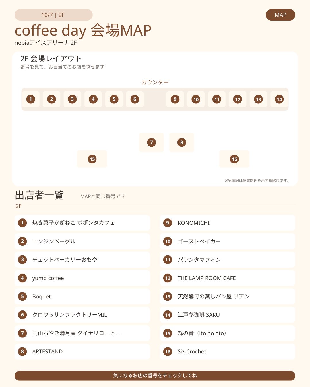 coffee day公式2F会場マップ。1から6、9から14が上段カウンター、7と8が中央、15と16が下側。